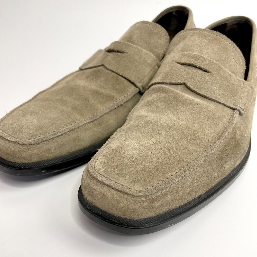 Tods Slip On Suede Penny Loafers Sz 12 Moc Toe Italian Leather Quiet Luxury